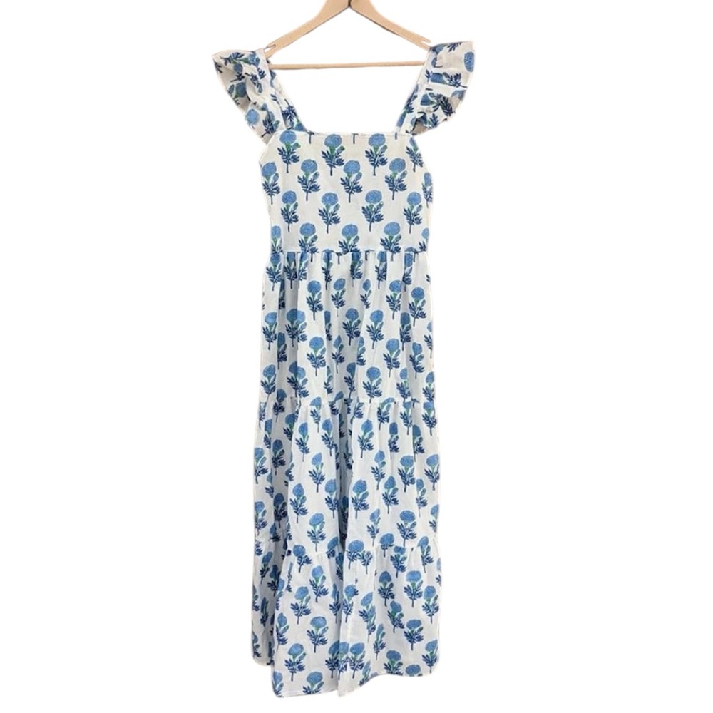 Blue Floral Maxi Dress with Ruffle Straps